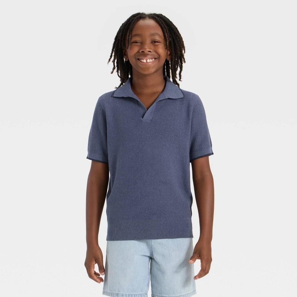Cat & Jack Boys Short Sleeve Polo Sweater Navy Blue Knit Top XL 14/16